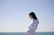 A pregnant woman standing on the beach, holding her belly