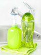 plastic bottle with liquid soap in bathroom