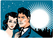 Love Couple comics on Snow sky and city skyline background banne