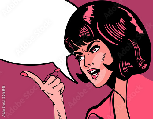 Illustration: portrait of angry woman pointing over background speech bobble c portrait of angry woman pointing over background speech bobble c