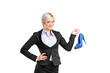 Foto: Smiling blond female holding a shoe Smiling blond female holding a shoe