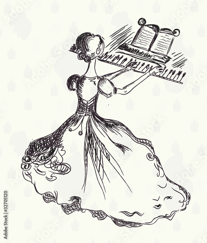 Vector: Woman playing piano retro sketch Woman playing piano retro sketch