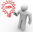 Brainstorming Person Draws Idea Light Bulb on Glass Board