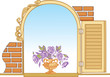 wooden opening old window and flowers wooden opening old window and flowers