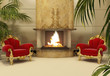 Baroque armchairs with fireplace in royal interior