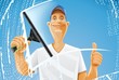 man cleaning window squeegee spray