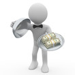 Waiter serving tray five wads of dollars