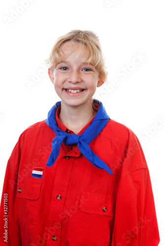 Photo: Portrait of Dutch scout girl over white background Portrait of Dutch scout girl over white background