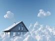 rural house flyuing on clouds on blue sky background rural house flyuing on clouds on blue sky background