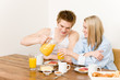Breakfast happy couple enjoy romantic morning Breakfast happy couple enjoy romantic morning
