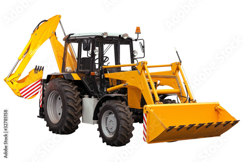 Photo: Yellow bulldozer-excavator over white background Yellow bulldozer-excavator over white background