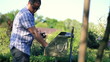 Man preparing grill, outdoors, dolly shot