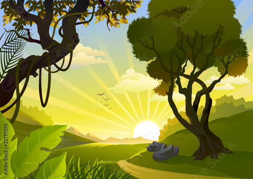 Vector: Sunrise In Tropical Countryside Sunrise In Tropical Countryside