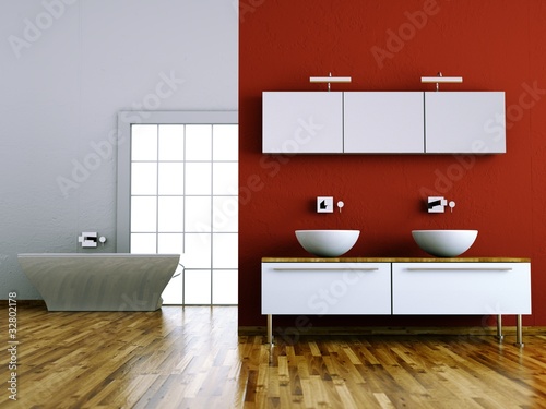 Photo: Wohndesign - Bad rot mit Parkett Wohndesign - Bad rot mit Parkett