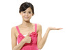 beautiful woman showing something on the palm of her hand