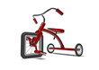 Red tricycle with slight design flaw