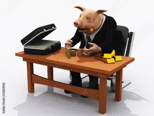 Illustration: Pig in suit counts his wealth – metaphor for greed Pig in suit counts his wealth – metaphor for greed