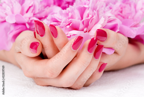 Photo: Woman cupped hands with manicure holding a pink flower Woman cupped hands with manicure holding a pink flower