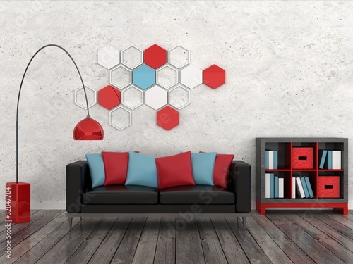 Photo: Interior of the modern room, white wall, black sofa Interior of the modern room, white wall, black sofa