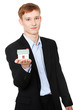 Young businessman holding house model