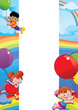 Children flying on balloons. Place for your text.