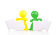 Two toy little men stand near the arrows specifying a direction.
