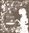Vintage background with flowers, bird and girl silhouette Vintage background with flowers, bird and girl silhouette