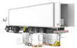 Distribution. Trailer with pallets, boxes and trucks.