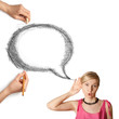 human hands with speech bubble and woman