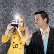 geek mustache man reporter fashion girl photo shoot