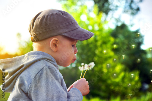 Photo: Kid blowing dandelion. Happy spring time Kid blowing dandelion. Happy spring time