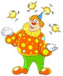 Happy clown juggling chicks.