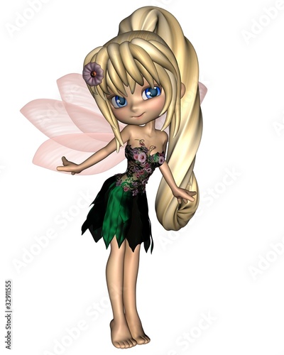 Illustration: Cute Toon Fairy in Green and Purple Flower Dress Cute Toon Fairy in Green and Purple Flower Dress