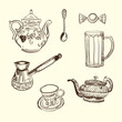 Kitchen devices. Coffee teapot cup spoon sweet