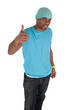 Smiling young man in a blue with thumb up Smiling young man in a blue with thumb up