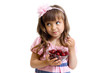 little girl with cherry berries bowl in studio isolated