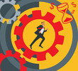 Side view of businessman running near cogwheels