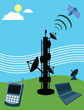 Telecom tower with satellite; laptop and mobile phone