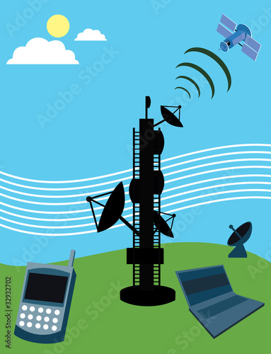 Illustration: Telecom tower with satellite; laptop and mobile phone Telecom tower with satellite; laptop and mobile phone