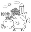 Outlined Chubby Cow Eating A Daisy By A Silo And Barn