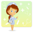 Cute female nurse with tablet notepad on background