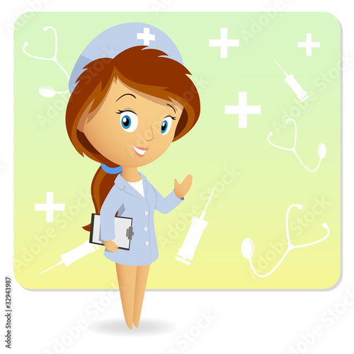 Vector: Cute female nurse with tablet notepad on background Cute female nurse with tablet notepad on background