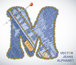 Vector jeans alphabet. Denim texture letter M
