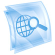 magnifier and globe icon blue, isolated on white background.