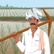 Front view of a farmer holding plow