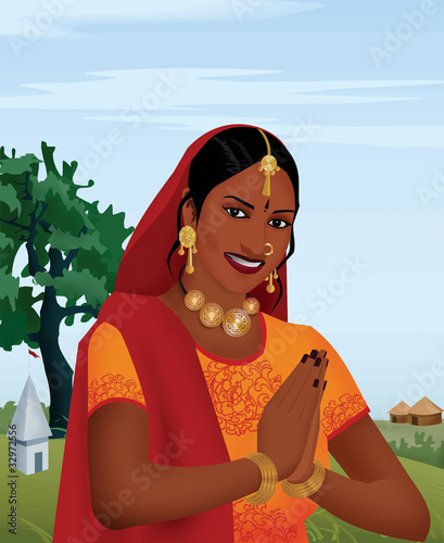 Illustration: Smiling indian girl joining hands; as a welcoming gesture Smiling indian girl joining hands; as a welcoming gesture