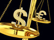 Dollar and euro signs on a brass scale , 3d illustration
