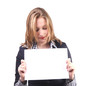Photo: Young woman with blank card Young woman with blank card