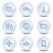 Travel web icons set 2, light blue glossy circle buttons