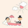 Wedding invitation with funny bride and groom in boat Wedding invitation with funny bride and groom in boat